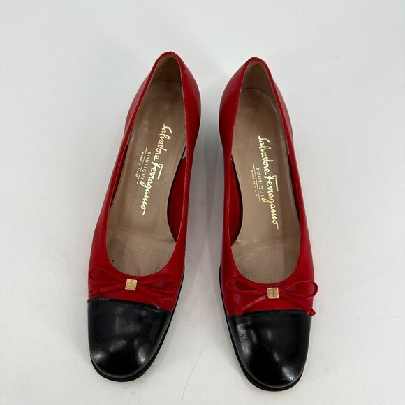 Salvatore Ferragamo Red Leather Cap Toe Bow Block Heel Vintage 6.5 Heel Shoes - Picture 2 of 9